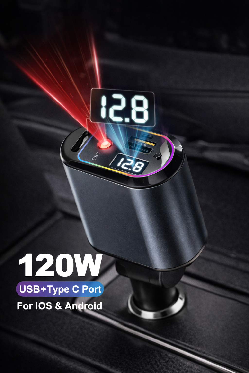 Φορτιστής αυτοκινήτου γρήγορης φόρτισης 4 σε 1 - Ανασυρόμενα καλώδια USB-C και Lightning 