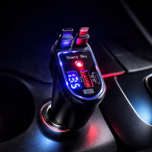 Φορτιστής αυτοκινήτου γρήγορης φόρτισης 4 σε 1 - Ανασυρόμενα καλώδια USB-C και Lightning 